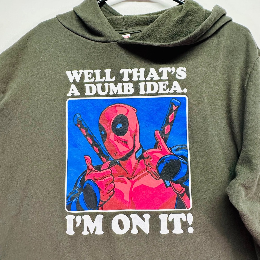 Marvel Deadpool Graphic Hoodie‎ Mens Charcoal Gray Pocket Dumb Idea Pullover XL - Picture 2 of 6